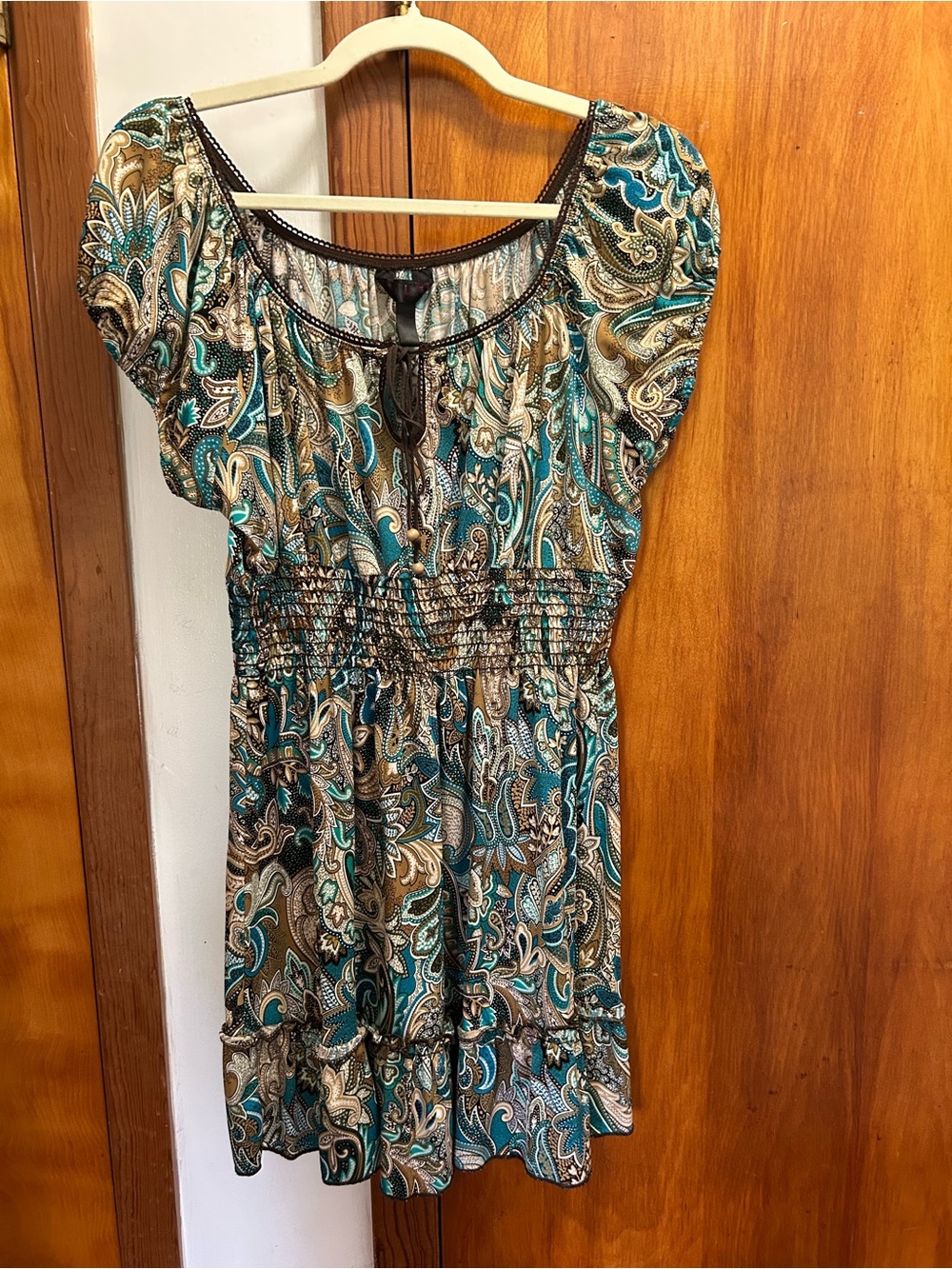 Teal and Brown Paisley Smocked-Waist Mini Dress